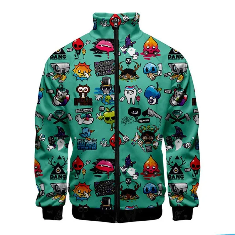 New Funny Graffiti Pattern Jacket Men Harajuku Hip Hop Style Coat Casual Stand Collar Zipper Apparel Boy Sweatshirt Jackets Top