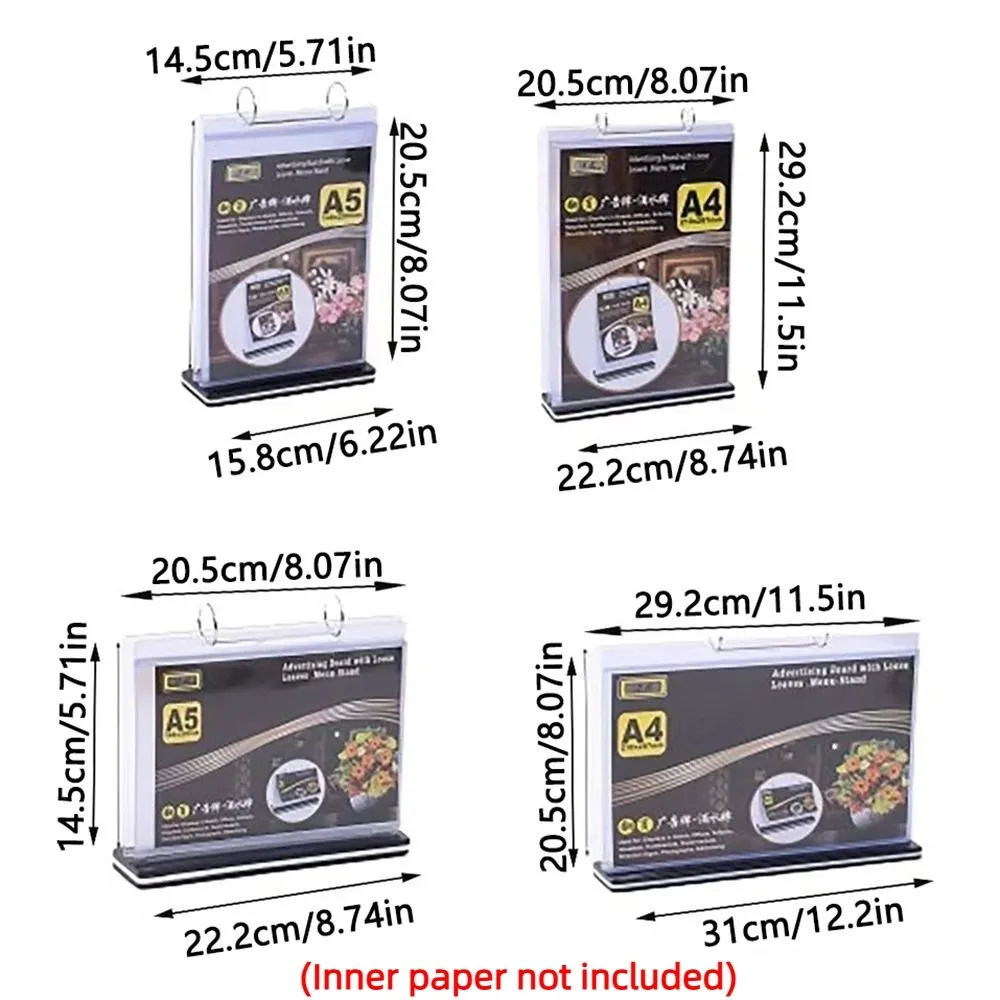 Clear PVC Menu Display Stand A4/A5 Waterproof Tabletop Loose-leaf Rack Sturdy Base Horizontal/Vertical Poster Holder