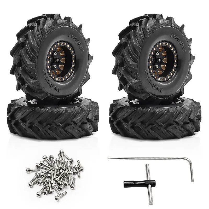 ล้อ RC แบบ Beadlock ทำจากทองเหลืองแท้ 1.0 พร้อมยาง สำหรับรถ RC Crawler ขนาด 1/18 1/24 รุ่น Trx4m SCX24 FCX24, 4 ชิ้น
