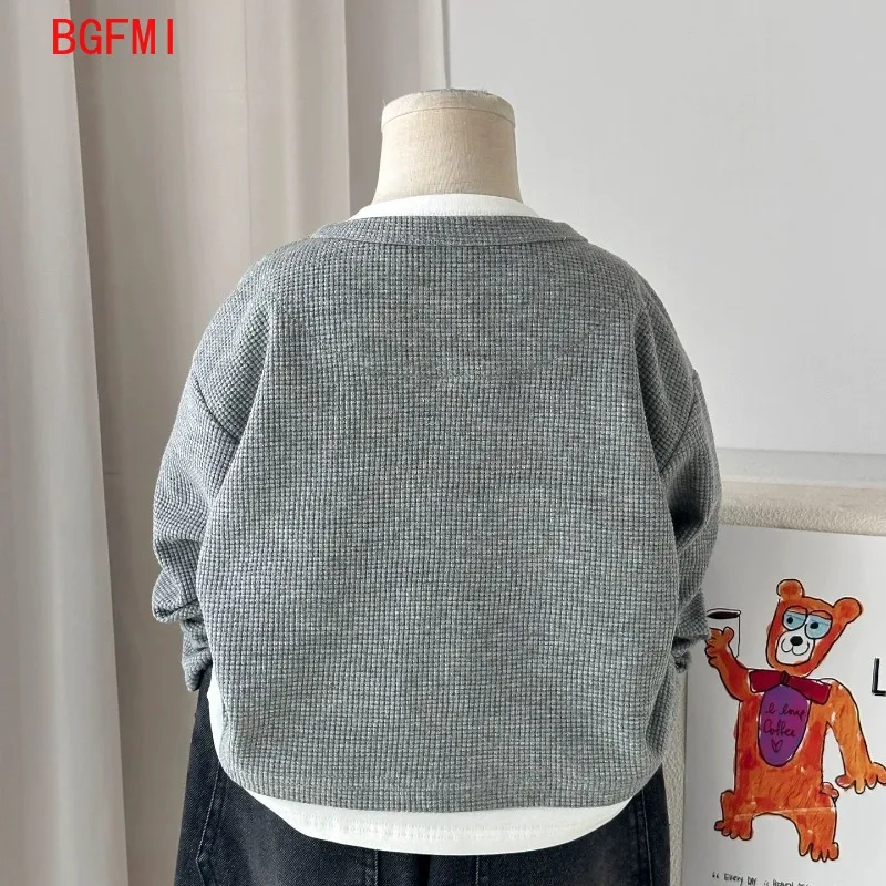 Babys Boys Waffle Grid Long Sleeved V-neck T-shirt Spring Autumn 2026 Pullover Cotton Hoodie Kids Handsome Fake Two Items Tops