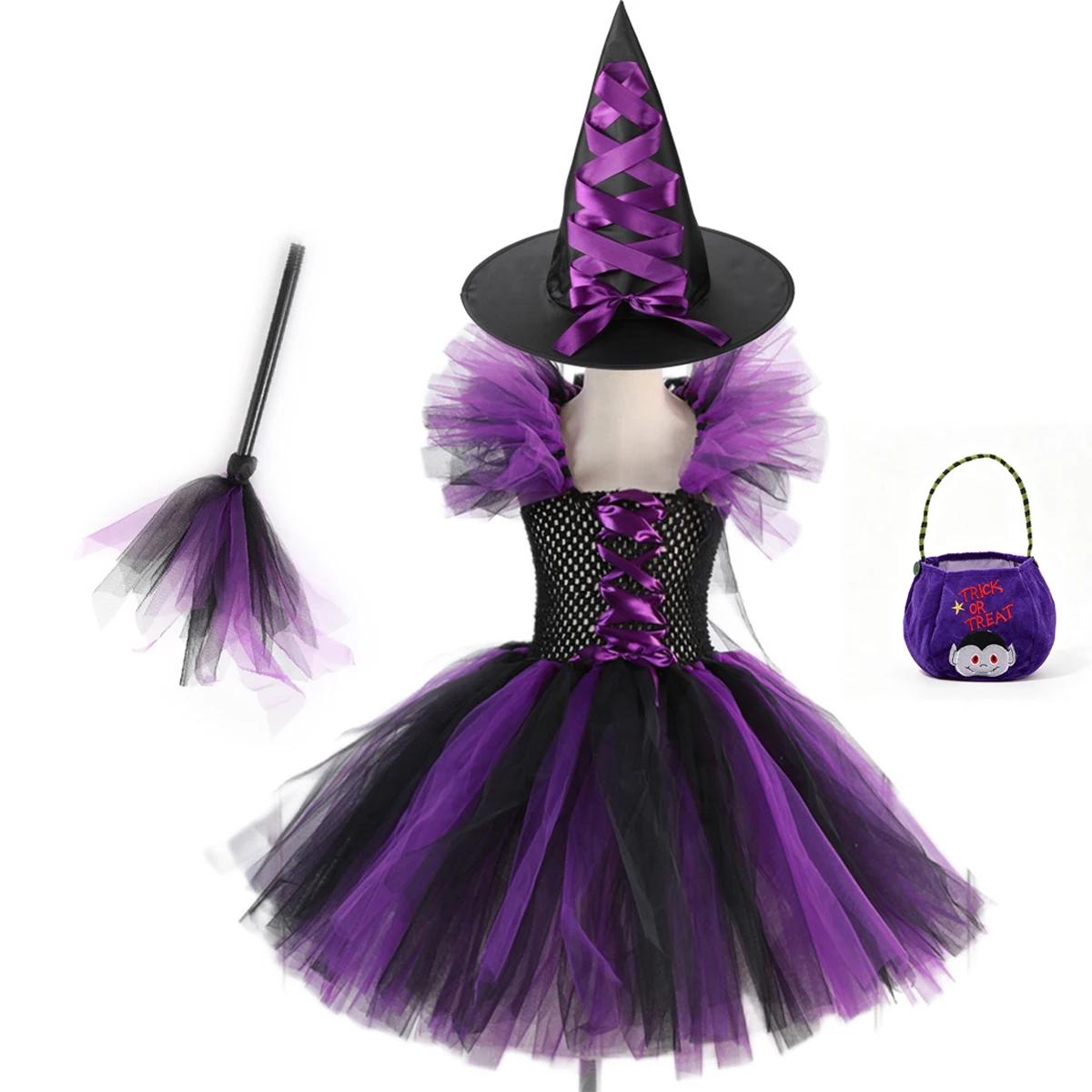Kids  Witch Costume Girls Halloween Tutu Dress with Witch Hat Broom Candy Bag Children Cosplay Party Fancy Outfit