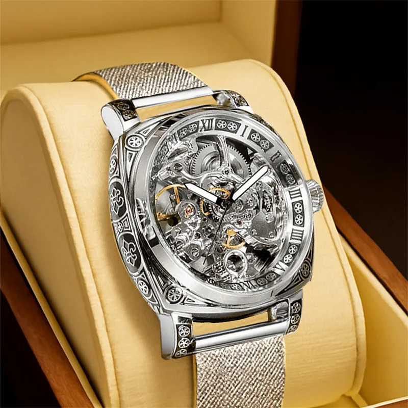 

Мужские серебряные сетчатые ремешки в минималистском стиле с элегантным циферблатом и римскими цифрами, полностью автоматические механические часы.