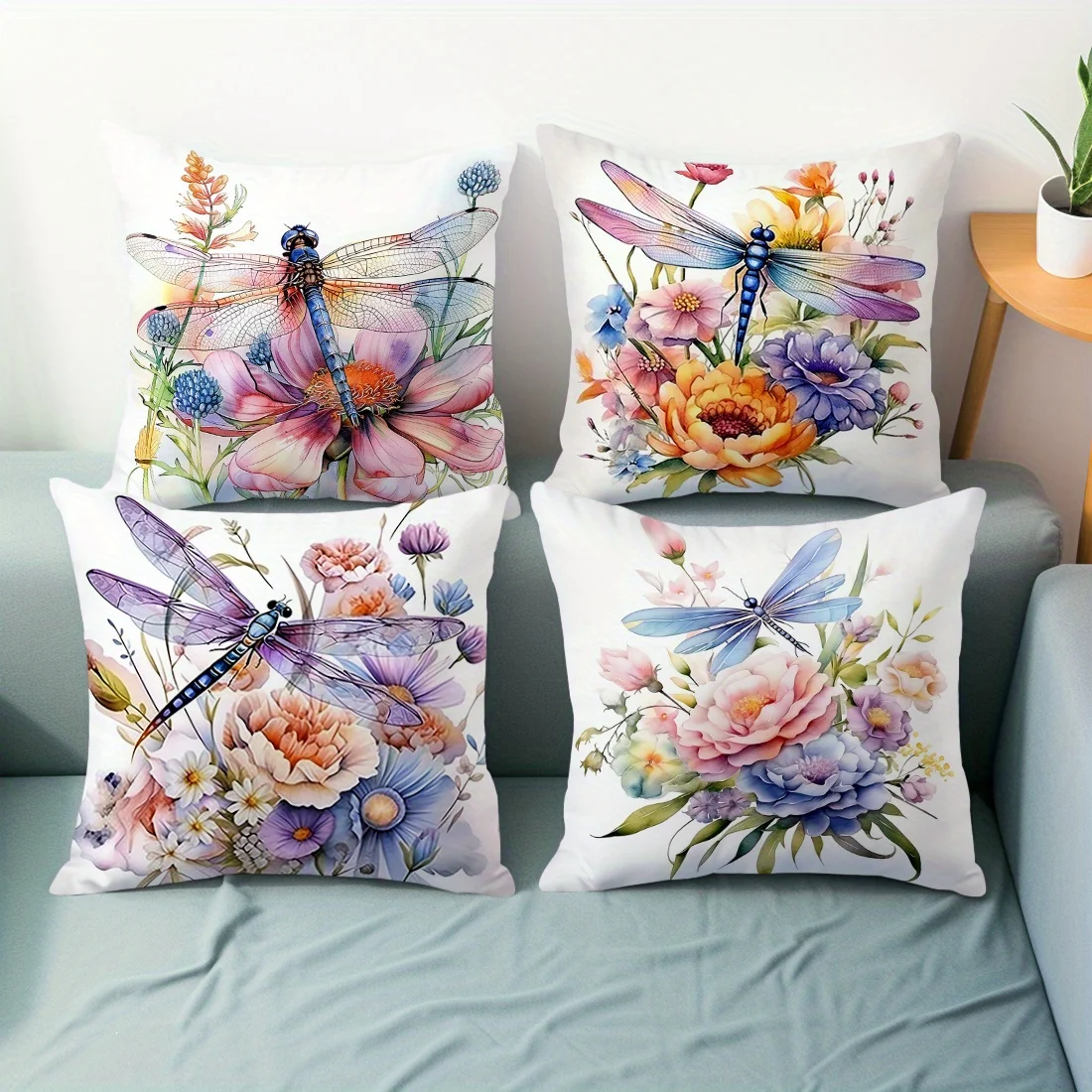 Set of 4 Watercolor Floral Cushion Covers Dragonflies Botanical Print Throw Pillows Boho Home Decor for Living Room Bedroom