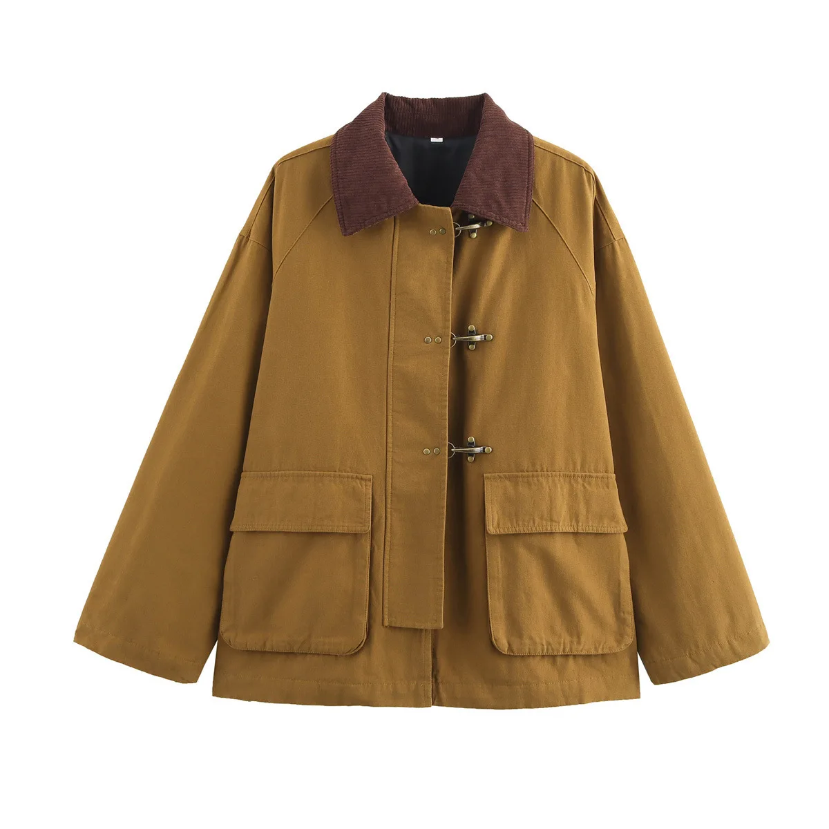 Khaki Contrast Corduroy Collar Jacket Vintage Rib Collar Toggle Closure Oversized Fit Two Front Pockets Casual Outer Coat 260602