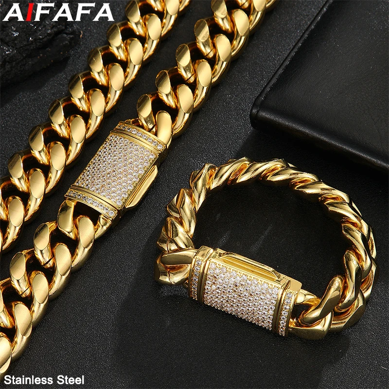 Big Gold Cuban Chain Bracelet Necklace Hip Hop High Quality Stainless Steel Hand Neck Thick Chain Fashion Jewelry Accessories
