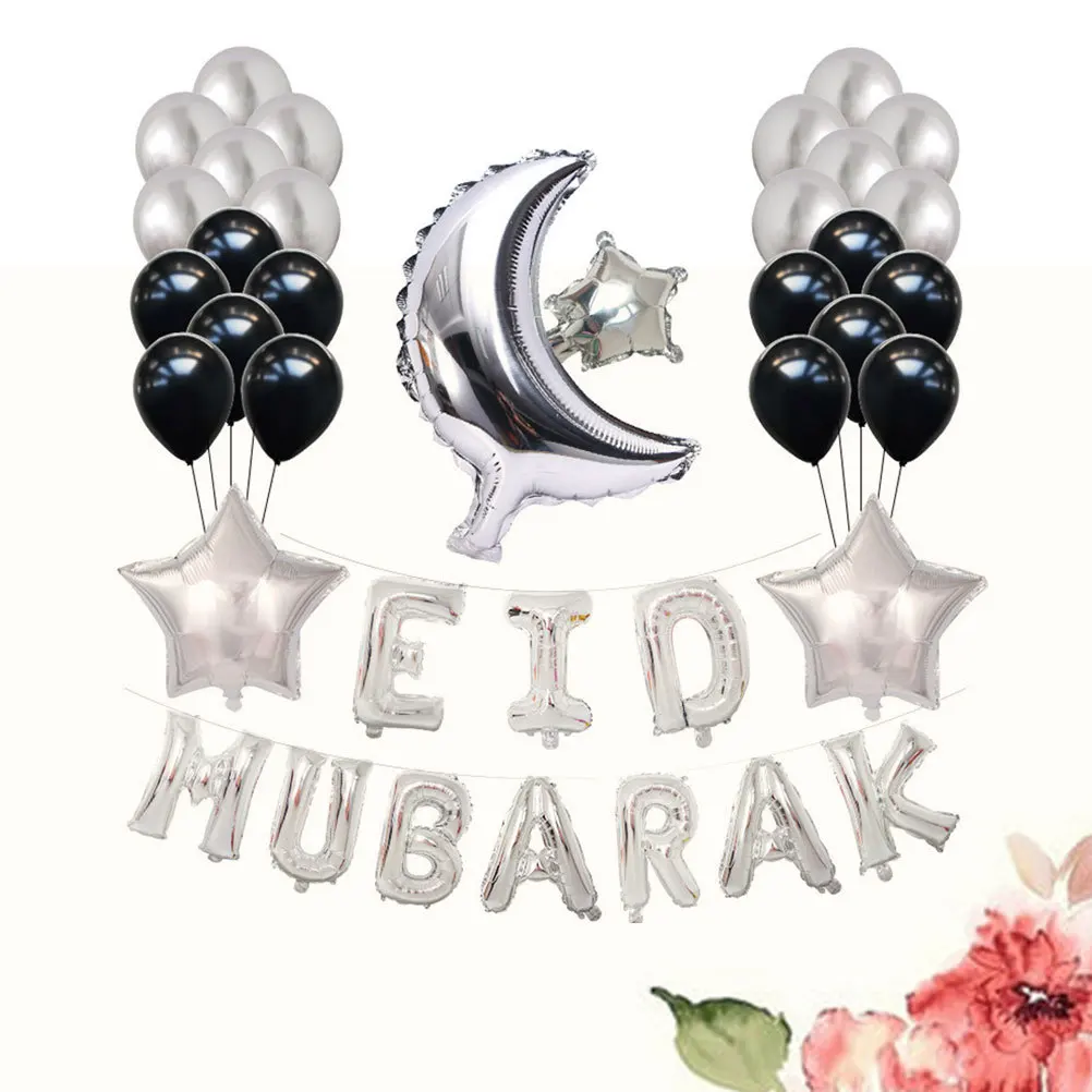 

Silver Eid Mubarak Letter Aluminum Foil Balloons Moon Star Latex Balloon Party Decoration Reusable Party Latex Balloons