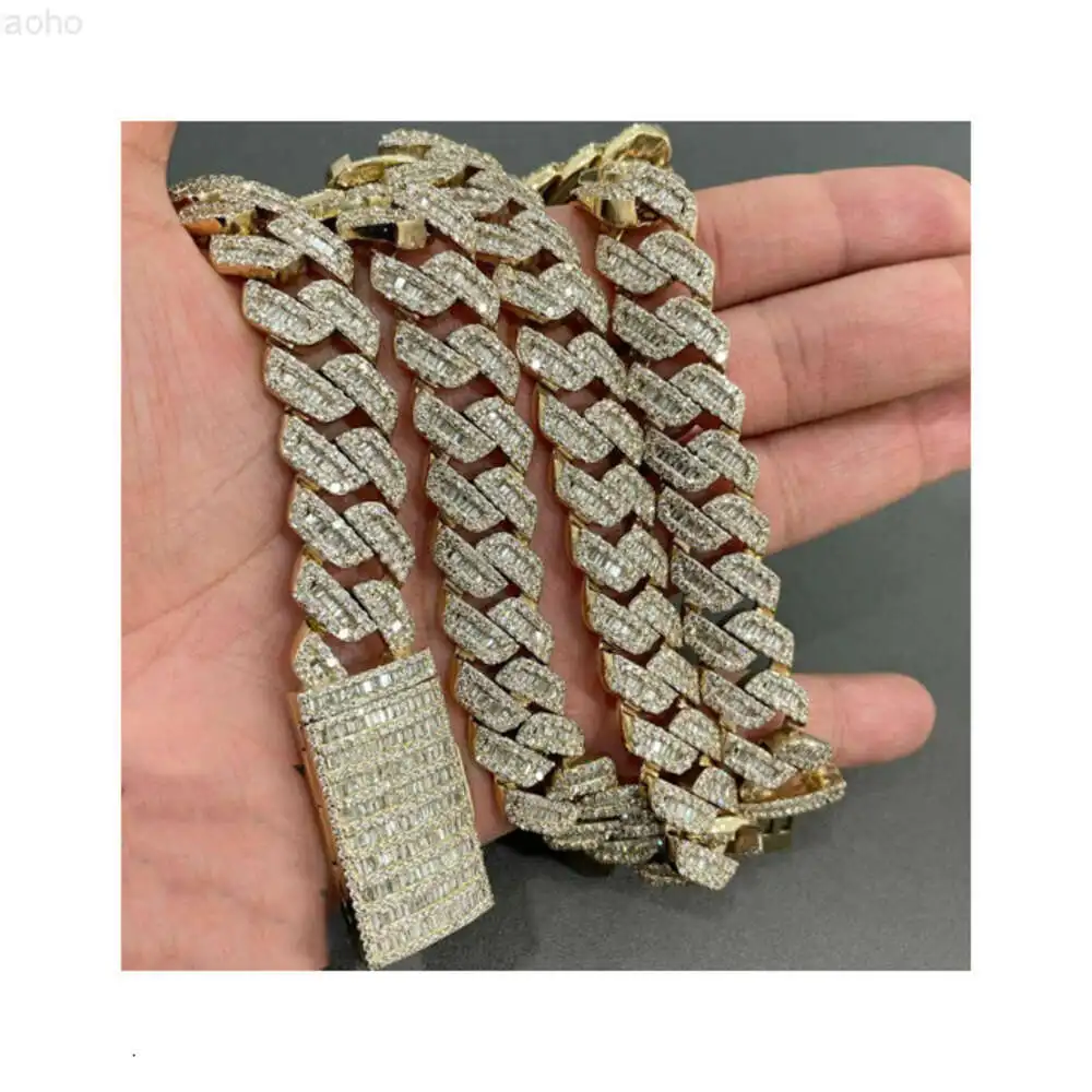 

17mm Baguette Miami Cuban Link Chain Vvs Moissanite Diamond Stubbed 925 Sterling Silver White Gold Plated with Baguette Lock.