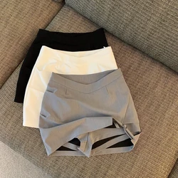 Y2K Asymmetrical Mini Skirt Women Fashion Sexy Black Suit Hip Wrap Skirts Summer Korean Elegant White Slim Design A Line Skirt