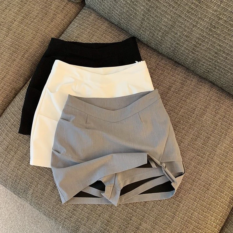 Y2K Asymmetrical Mini Skirt Women Fashion Sexy Black Suit Hip Wrap Skirts Summer Korean Elegant White Slim Design A Line Skirt