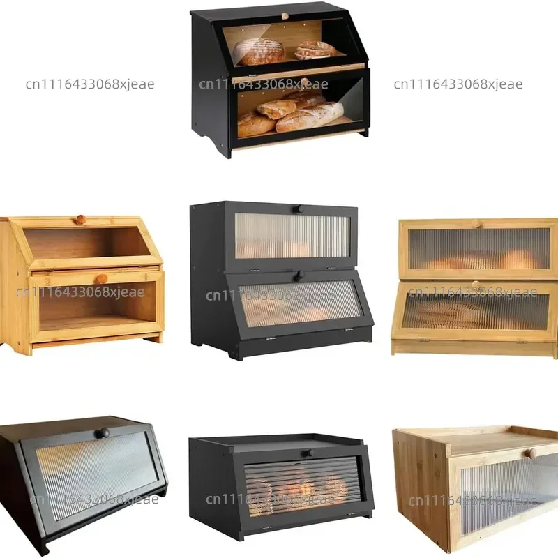 Double Wooden Bread Box with Transparent Windows, Farm Corner Kitchen Counter Food Storage