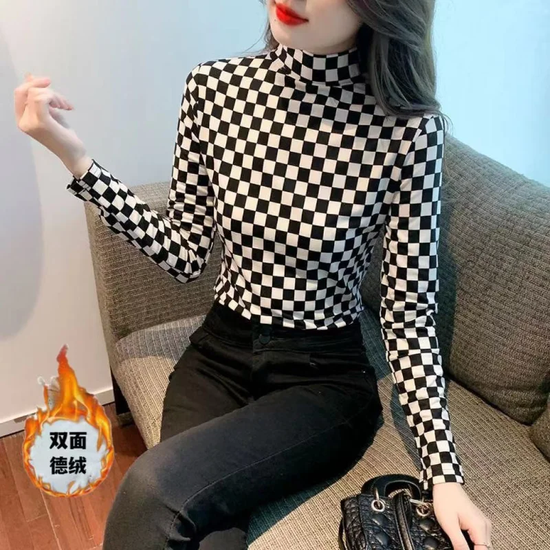 Autumn Winter New Fleece Plaid Print Bottoming Shirt Long Sleeve Half High Neck Plus Size Tops Tees Vintage Casual Women Clothes