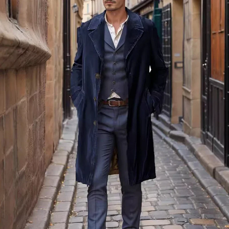 Inglaterra estilo sólido veludo trench coats masculino nova lapela único breasted outono outerwear manga longa meados de comprimento jaqueta de inverno dos homens