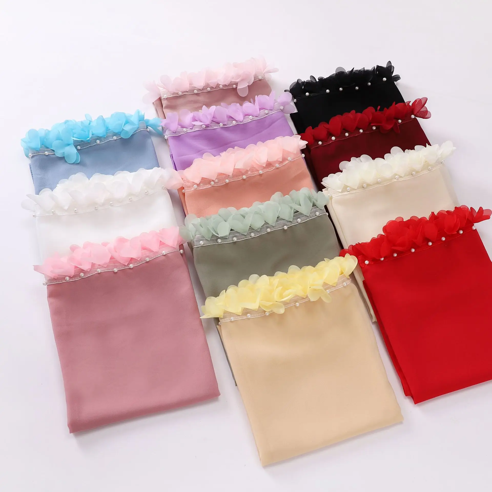 

Модный шифоновый платок с жемчугом и цветами, хиджаб для мусульманок, тюрбан, шаль, исламская вуаль, накидка, шарф, буфанда