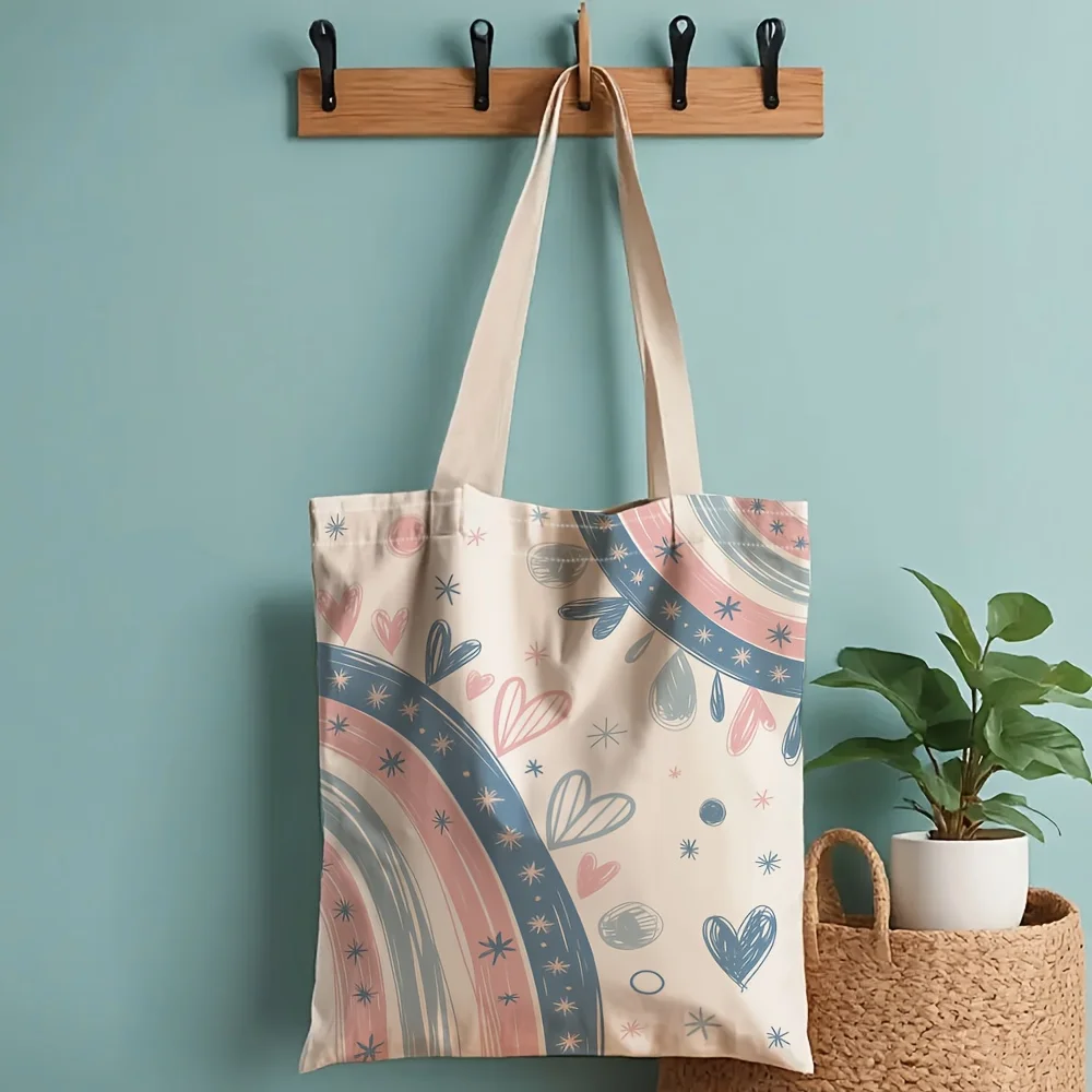 A Rainbow pattern print canvas tote bag, suitable for daily use, shopping, school, and travel