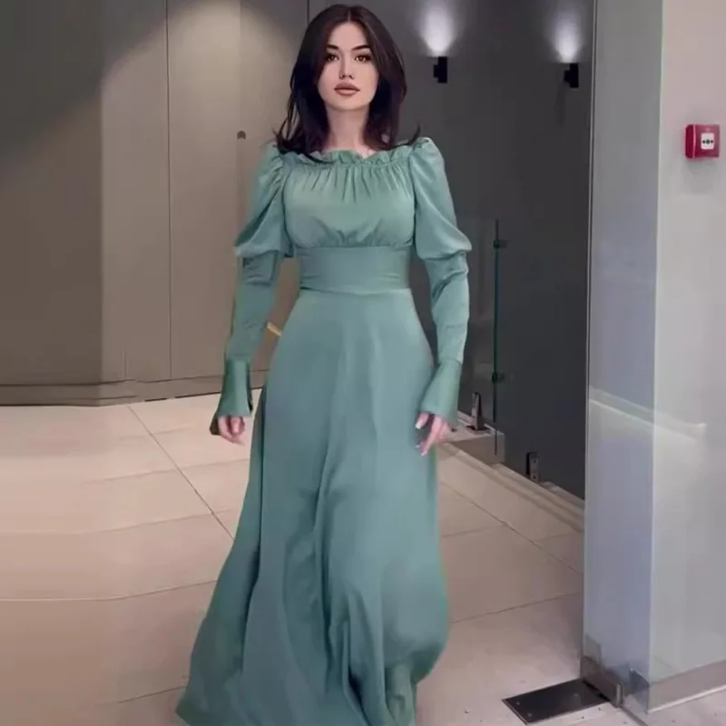 

Spring Palace Style Puff Collar Ruffled Waist Cinched Solid Color Long Sleeve Dress