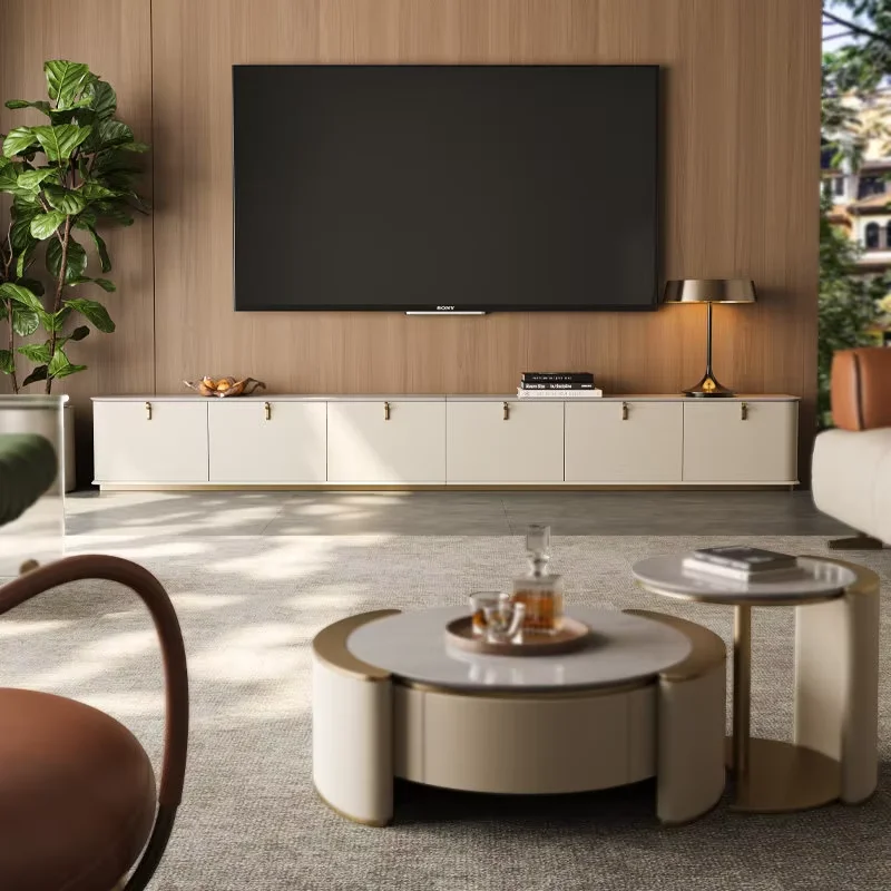 & Modern Light Luxury Style TV Stand Living Room Furniture Combo Smooth Stone Top Quiet Casters Space Coordinating for Compact