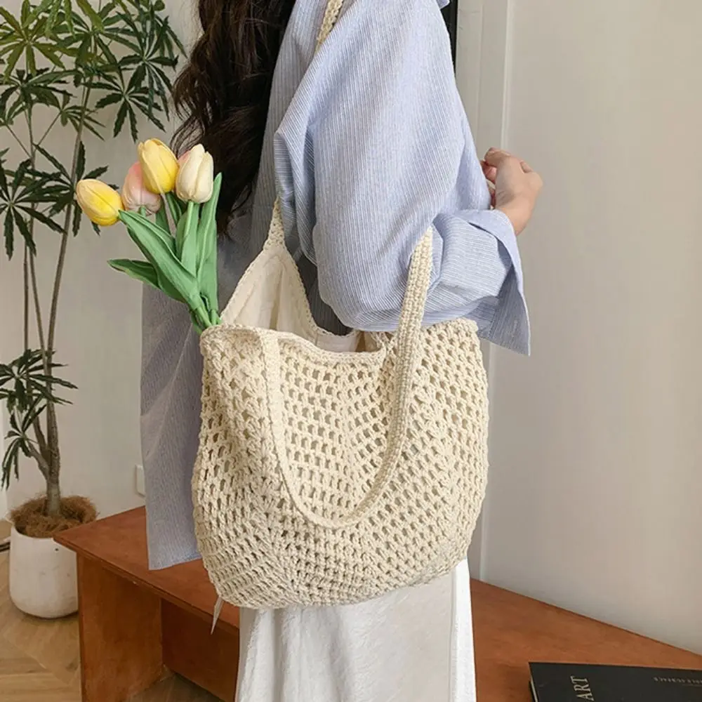 

Soft Solid Color Knitting Shoulder Bag Hollow Out Large Capacity Bohemian Crochet Tote Bag Versatile Casual Woven Handbag Beach