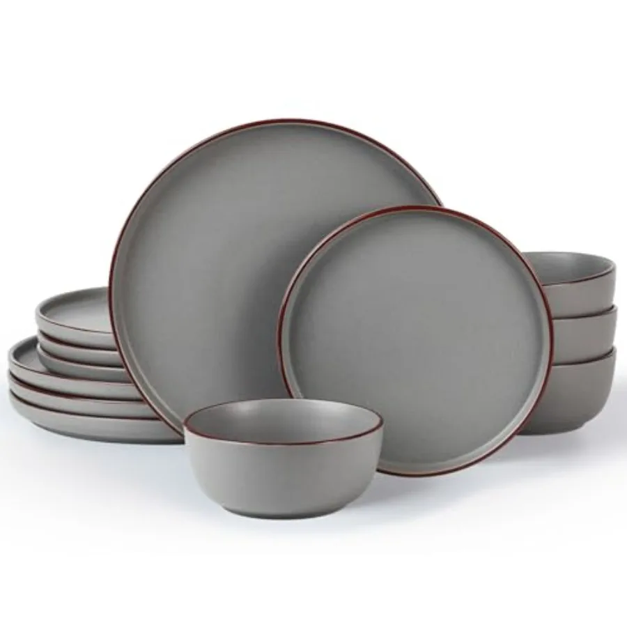 

Mercury Plates and Bowls Sets 12 Pieces Stoneware Dinnerware Sets Dishes Set for 4 Microwave and Dishwasher Safe Dark Grey