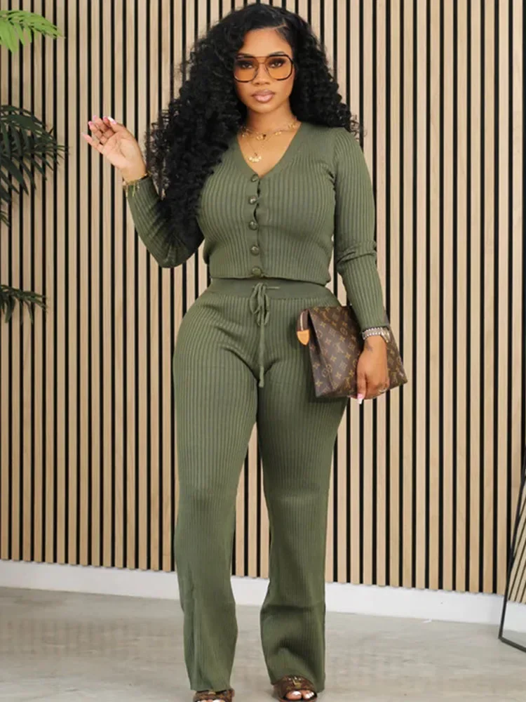 

Autumn Winter Solid Knitted Ribbed 2 Piece Sets Women Outfit Sweater Matching Sets Long Sleeve Button Top and Pants Loungwear
