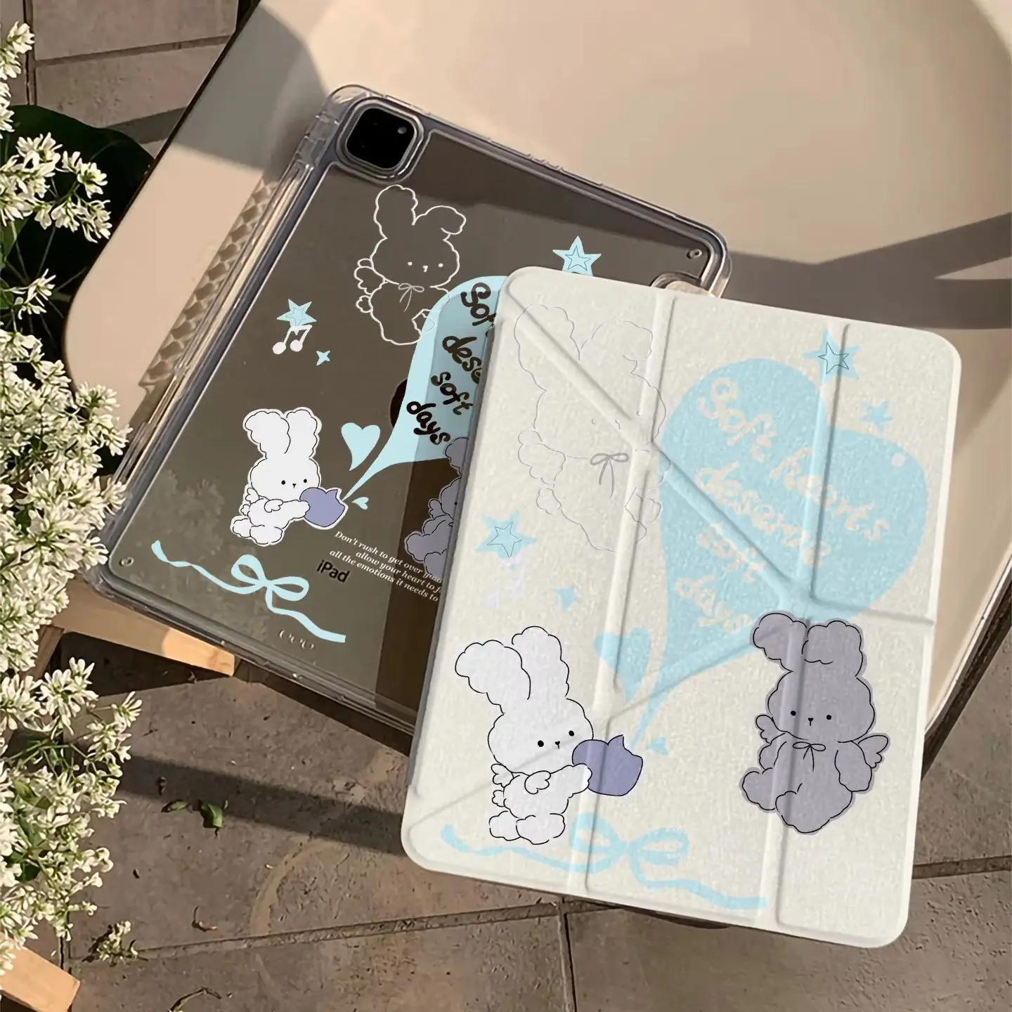 Cute Rabbit Blue Love Y2K Tablet Case For iPad Pro 11 12.9 13 A16 M2 M4 M3 M5 Shell 9.7 5/6/7/8/9/10/11th Mini Air 3 4 5 6 Cover