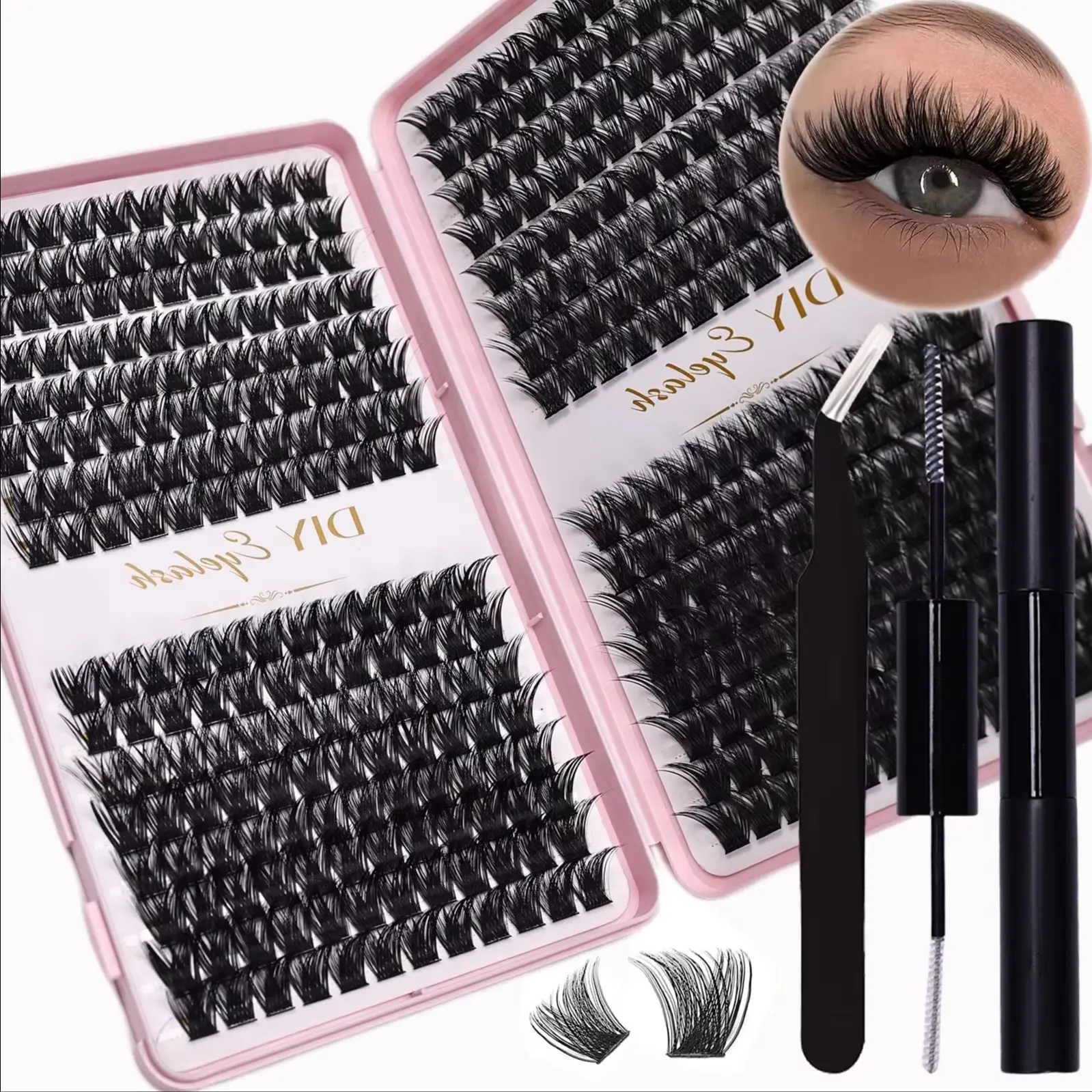 384-teiliges DIY-Wimpernverlängerungsset D-Curl Cluster-Wimpern mit Klebstoff, Versiegelungsmittel und Pinzette für den Heimgebrauch