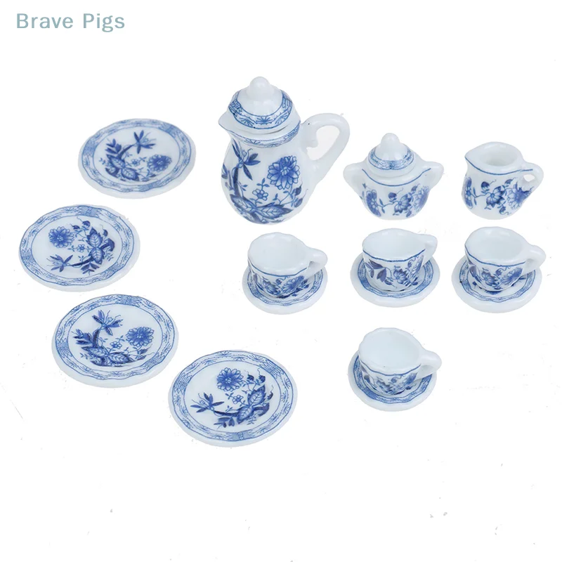 15Pcs 1:12 Dollhouse Miniature Blue Flower Tableware Porcelain Coffee Tea Cups