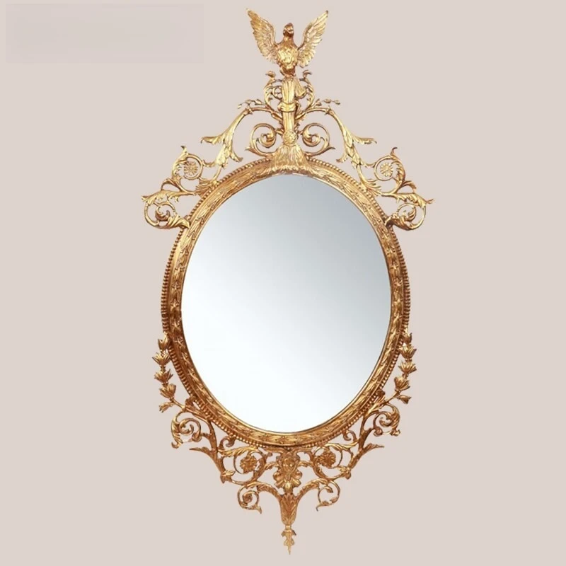 French retro all-copper decorative mirror oval European luxury villa living room entrance atmosphere