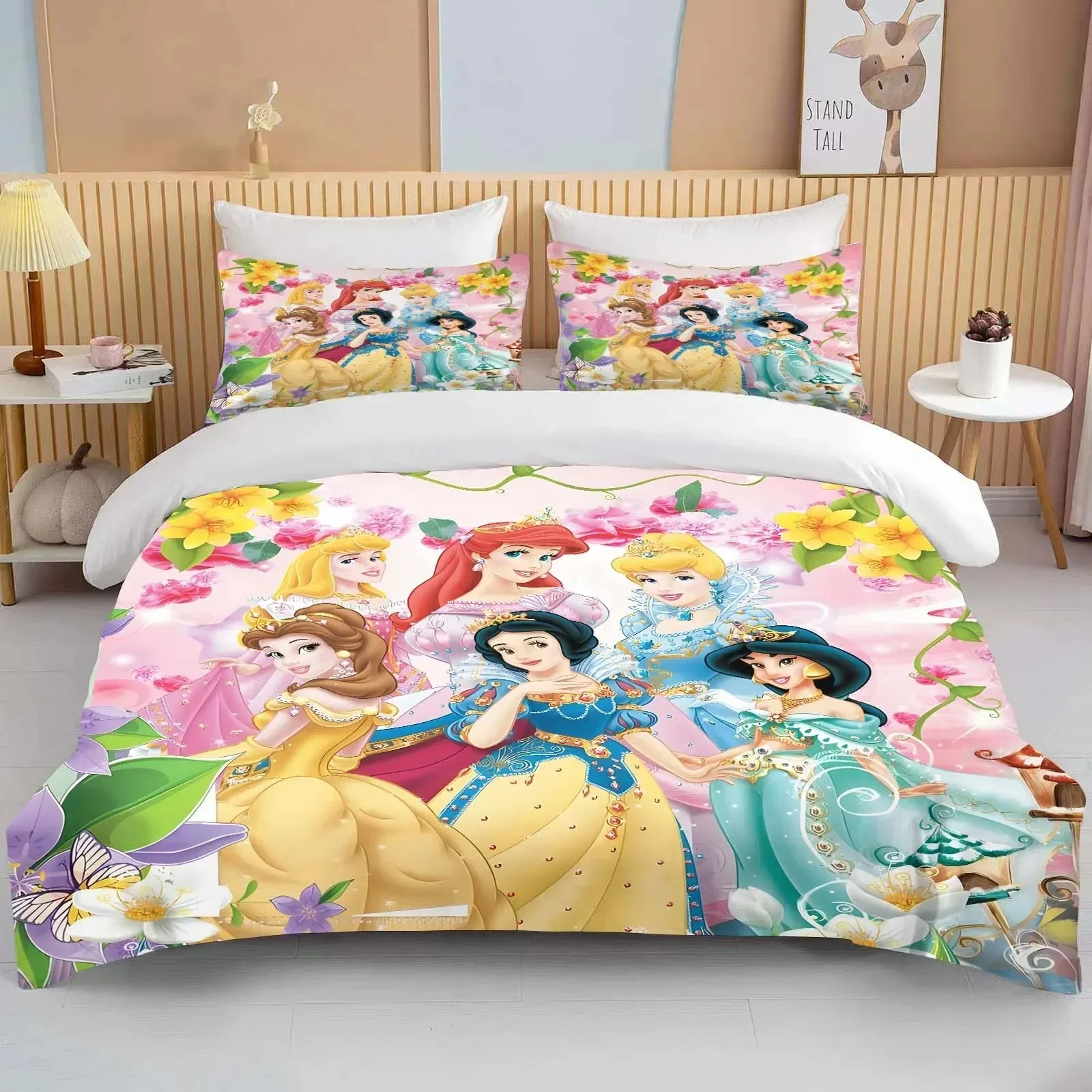 Disney Princess Snow White Bedding Set,Cinderella Ella Bed Cover,Ariel& Aurora Bed Cover,3D Children Rapunzel Bedding Set