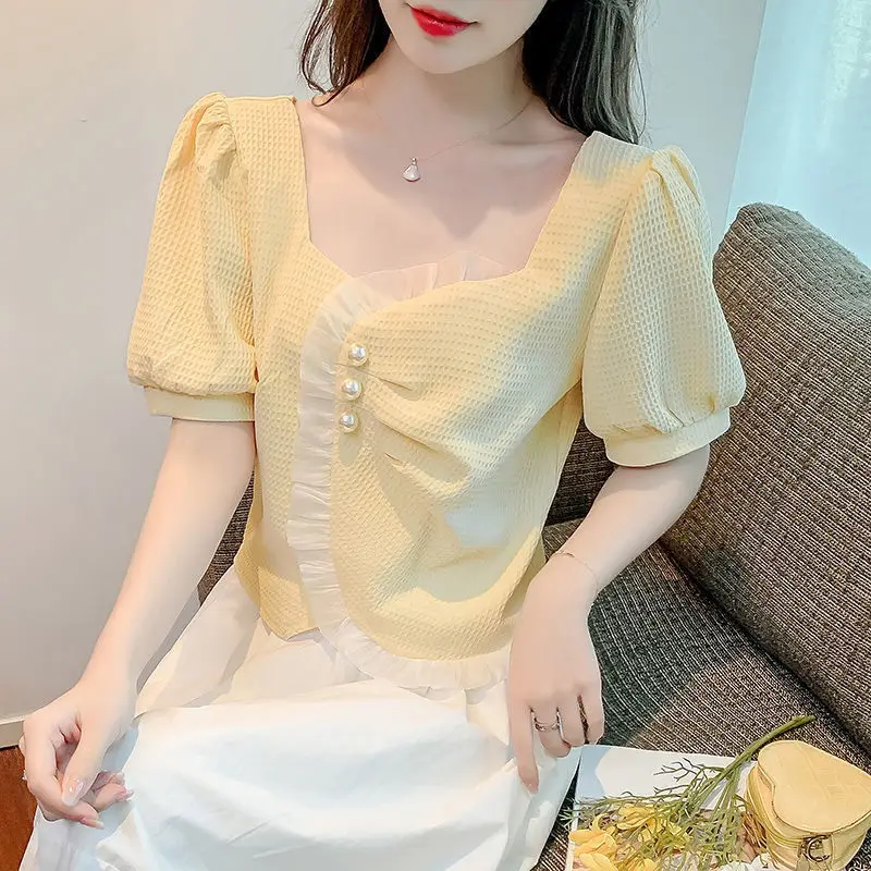 Women Summer Fashion Loose Diamonds Ruffles Solid Color Square Collar Short Sleeve Shirts Ladies Casual All-match Irregular Tops