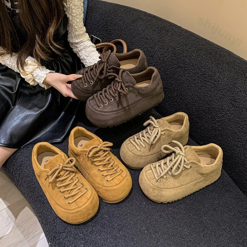 

Винтажная женская повседневная обувь, осень 2023, новая модная обувь на платформе со шнуровкой, увеличивающая рост, удобная уличная нескользящая обувь