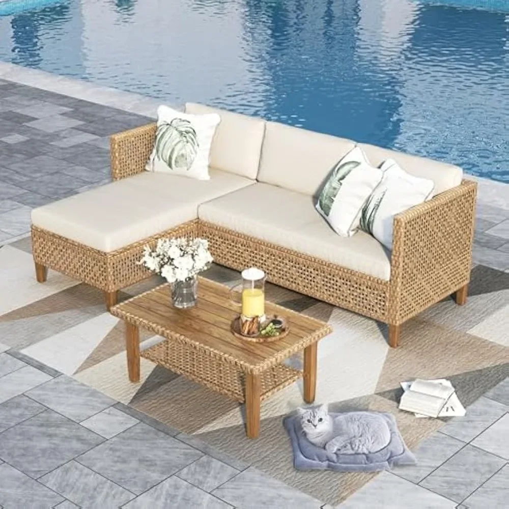 

Wicker Patio Furniture Set Outdoor Rattan Sectional Sets Conversation Set, with Dual Storage Coffee Table Acacia Wood Legs