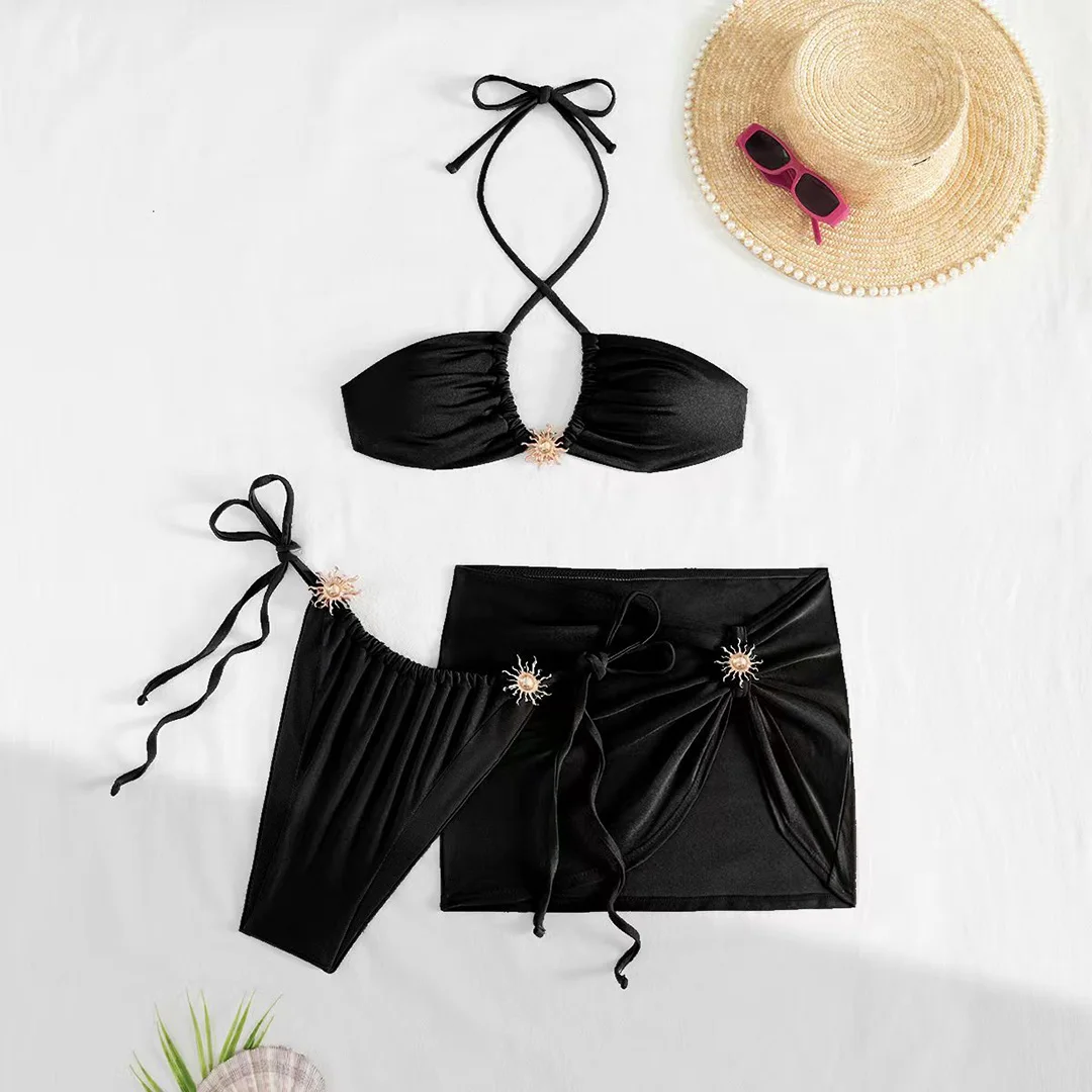 Neuer schwarzer, sexy Bikini mit Rock, Neckholder-Bikini, Damen-Badeanzug, dreiteiliges Bikini-Set, Badebekleidung, Badeanzug, Schwimmbekleidung V6398B – Detail 11