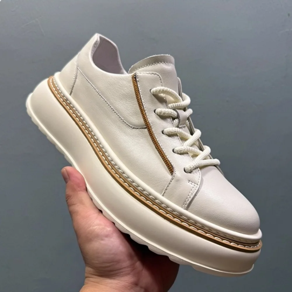 

QHCCID Sneakers Man Genuine Cow Leather Flats Round Toe Lace-Up Spring Autumn Casual Flat Shoes Handmade Man Shoes