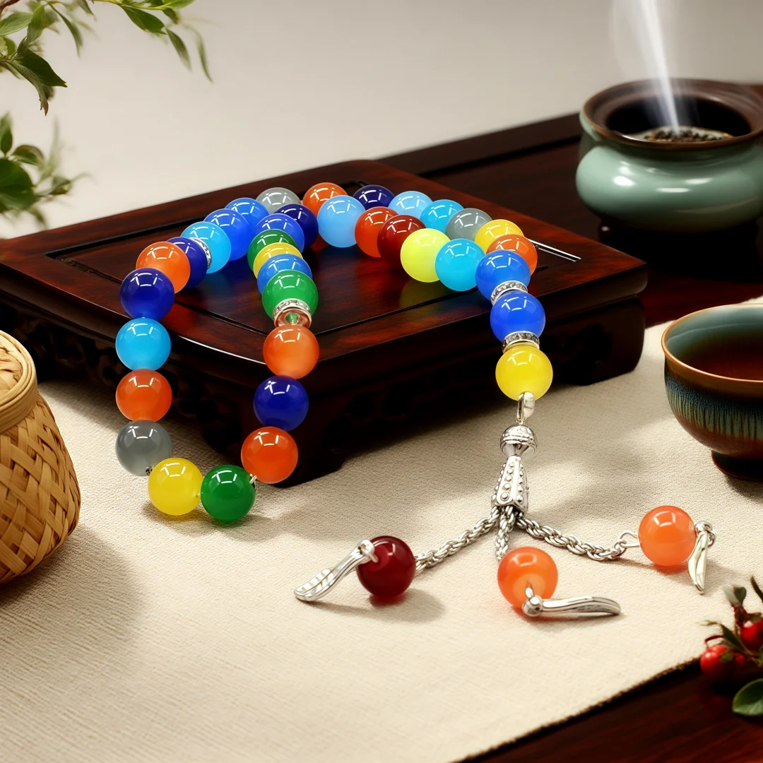 Imitation Agate Prayer Beads with Colorful Patterns, 10 mm, 33‑Bead Bracelet, Vibrant Texture, Portable Collectible Gift