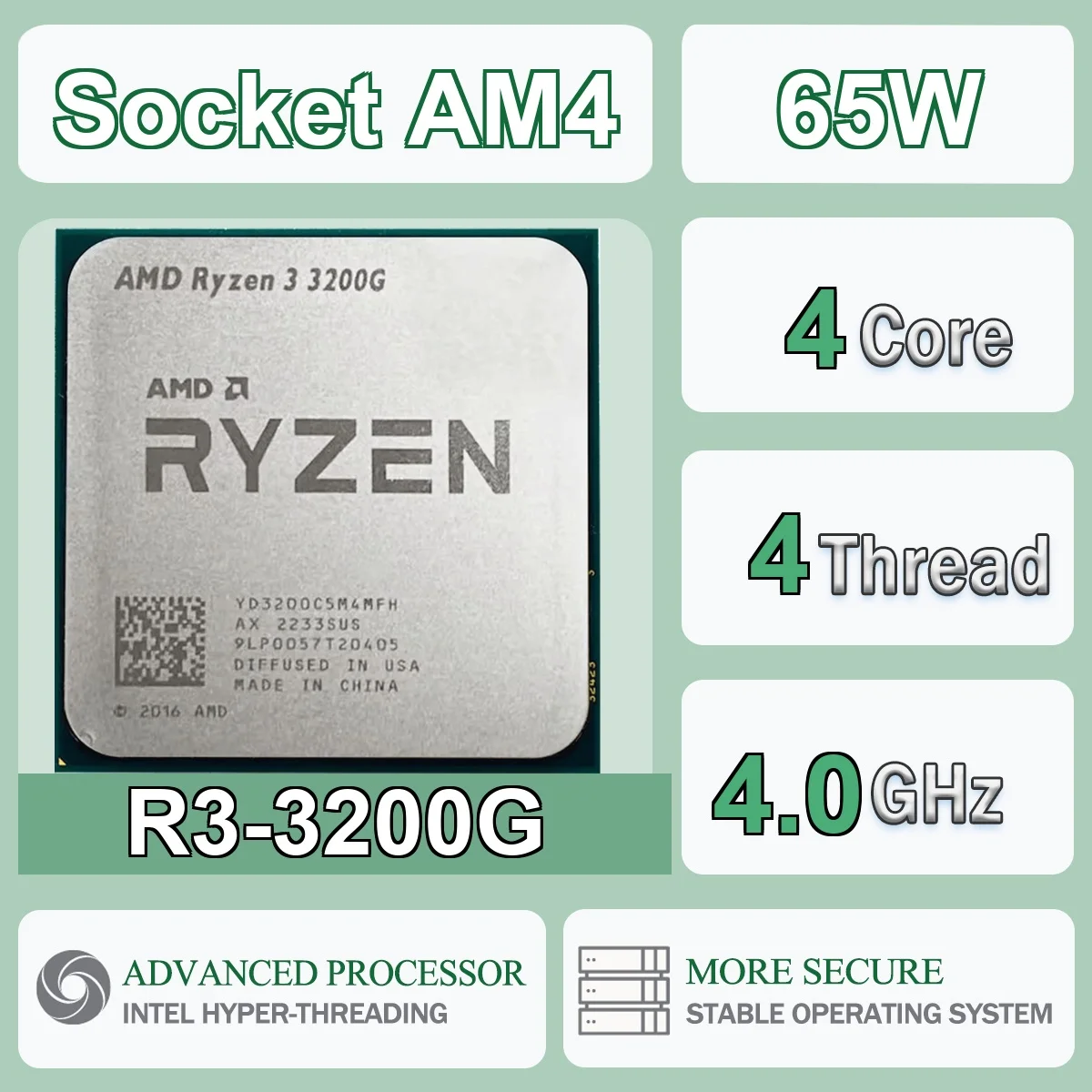 Procesador AMD Ryzen 3 3200G de 4 Núcleos y 4 Subprocesos, 12NM, 3.6Hz/4.0GHz, L3=4MB, 65W, para Juegos, Socket AM4, DDR4, NUEVO, Sin Ventilador ni Refrigerador