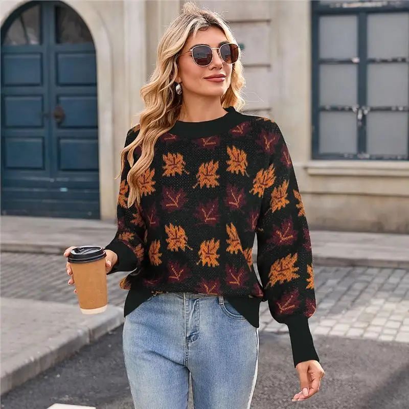 

Осень-зима, повседневный вязаный свитер, женский круглый свитер Ne Overhead Maple Le с узором и вышивкой, длинный свек для поездок на работу