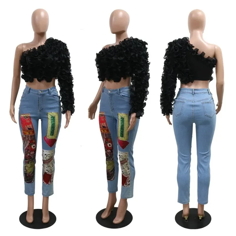 المرأة مثير كشكش قمم طويلة الأكمام عارضة