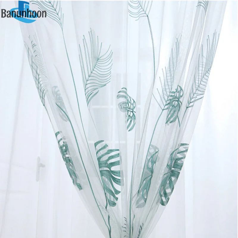 Blue Plantain Leaf Embroidery Tulle Curtains for Living Room Bedroom Kitchen Window Treatments Sheer for Children's Bedroom Kids