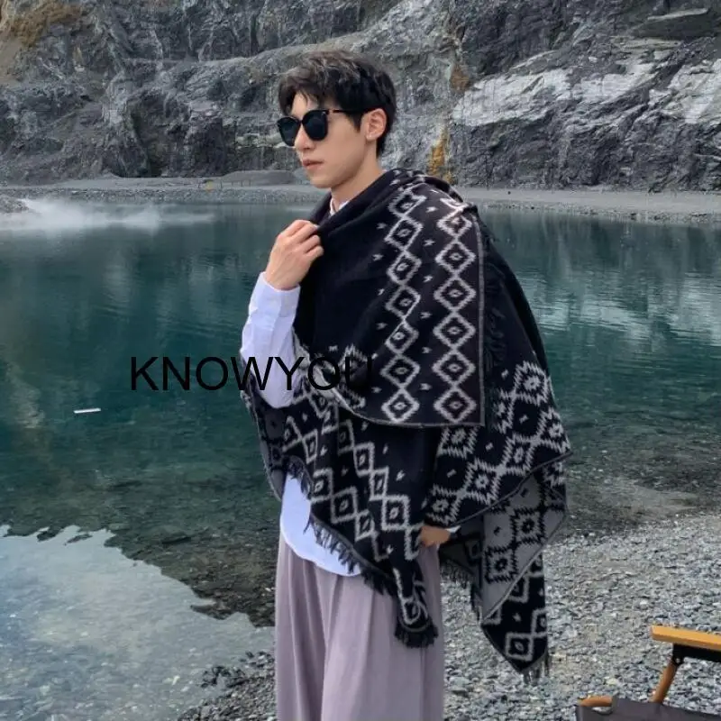 

Новинка 2026: Теплые мужские накидки-шали, этнические пальто из имитации кашемира, мужские теплые пончо, свободные пальто-пашмины