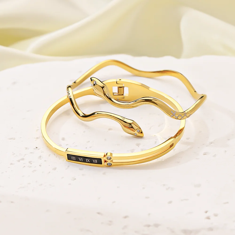 

2PCS Set Personalized Serpentine Stainless Steel Cuff Bracelet for Women, Paired with Roman Digital Fashion Brand Jewelry Gift