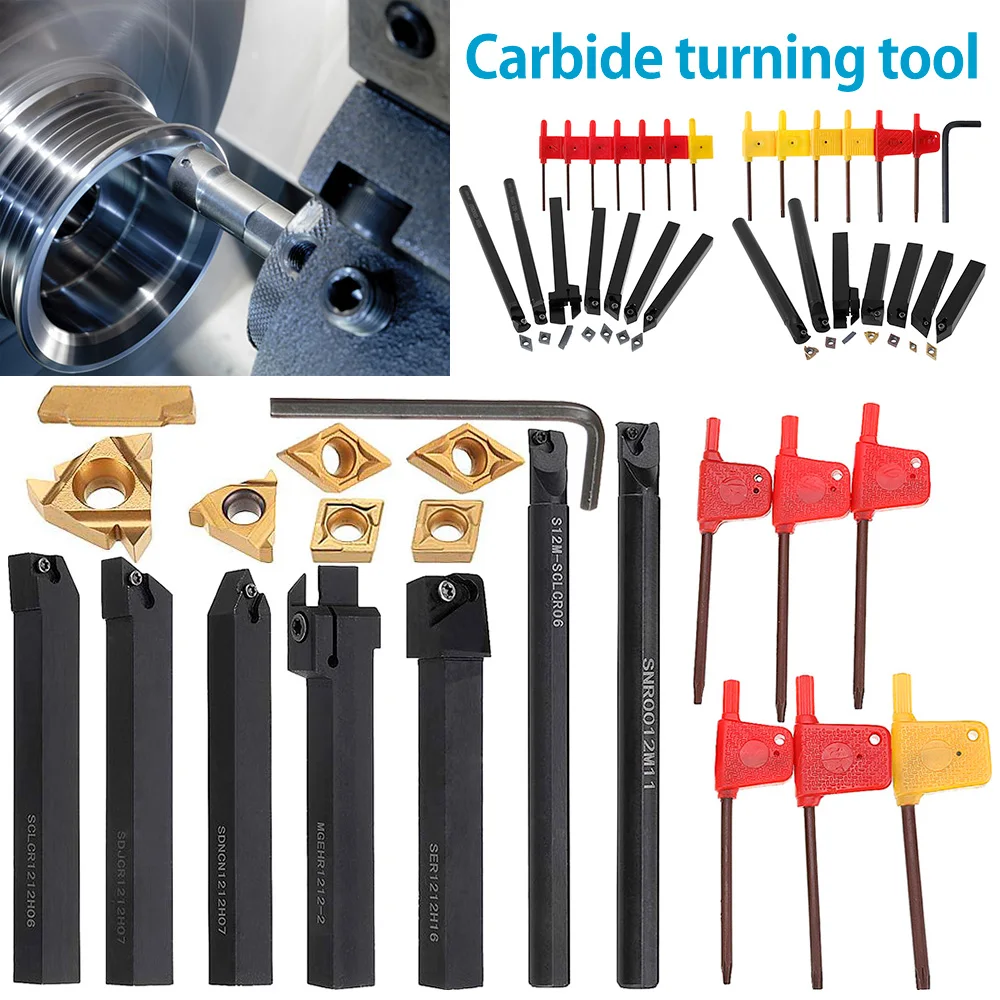 1 Set 8/12/16mm Shank Lathe Turning Tool Holder Boring Bar lathe tools lathe cutter Metal Turning Rod Industrial Carbide Inserts