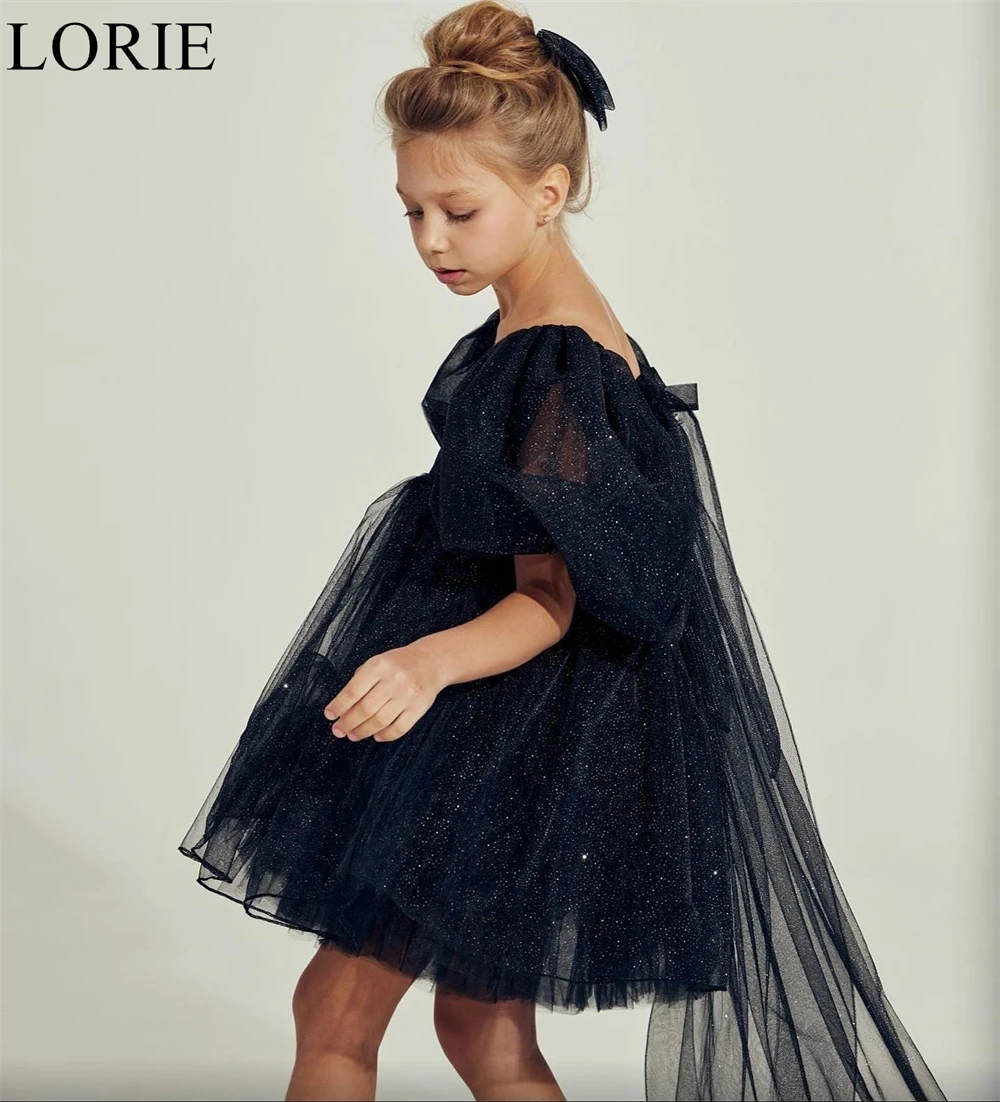 Lorie bonito glitter preto flor menina vestido quadrado pescoço plissado a linha fita puff mangas 2025 vestido de aniversário brilhante personalizado