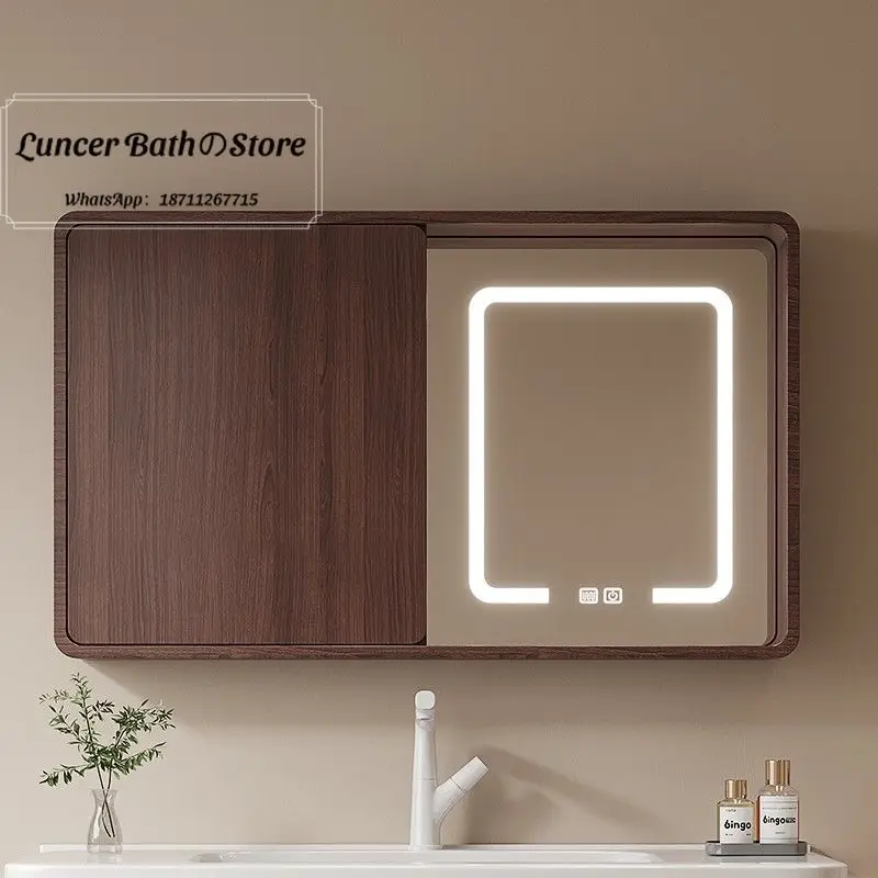 Walnut Tone New Chinese Arc Edge Hidden Intelligent Mirror Cabinet Concealed Smart Fortune Bathroom Makeup Side Cabinet