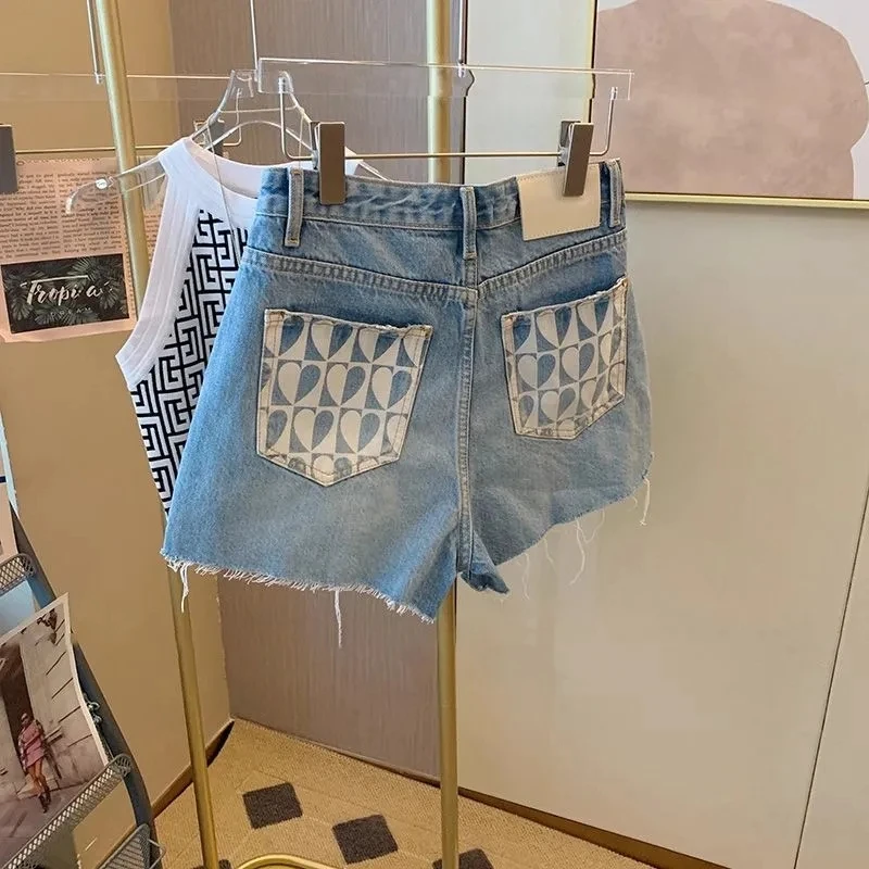 2023 sommer Neue Herz Druck Tasche Gewaschen Denim Shorts frauen Mode Lose Hohe Taille Breite Bein Shorts Ropa De mujer