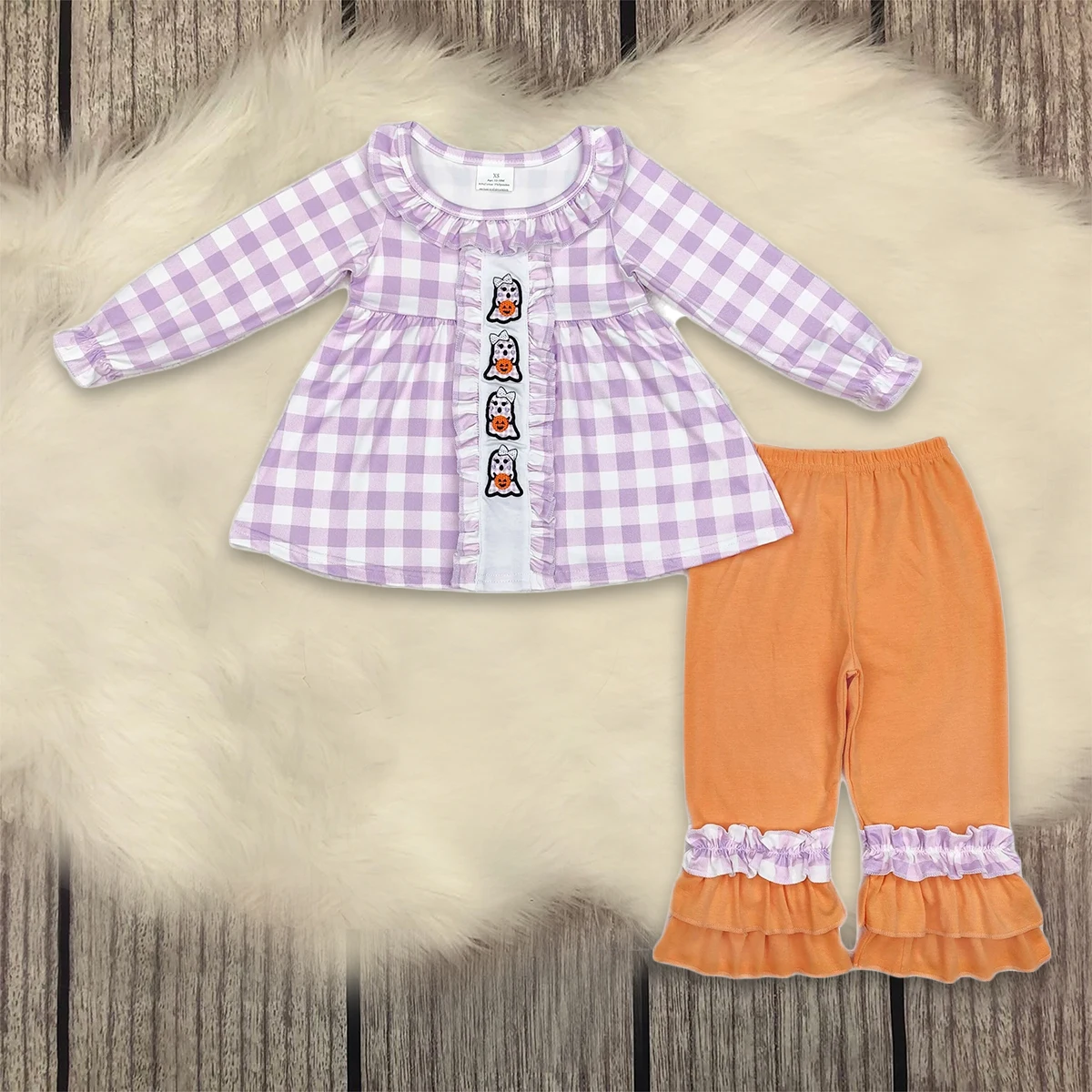 

Baby Girl Sets Halloween Lavender Checkered Ghost Kids Clothes Infant Long Sleeve Ruffle Pants Toddler Children Fall Outfit