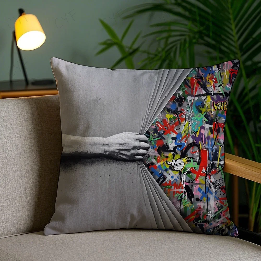 Banksy Street Graffiti Art Pillow Case, Urban Contemporary Decor for Loft Style Living Rooms and Creative Studio Accents