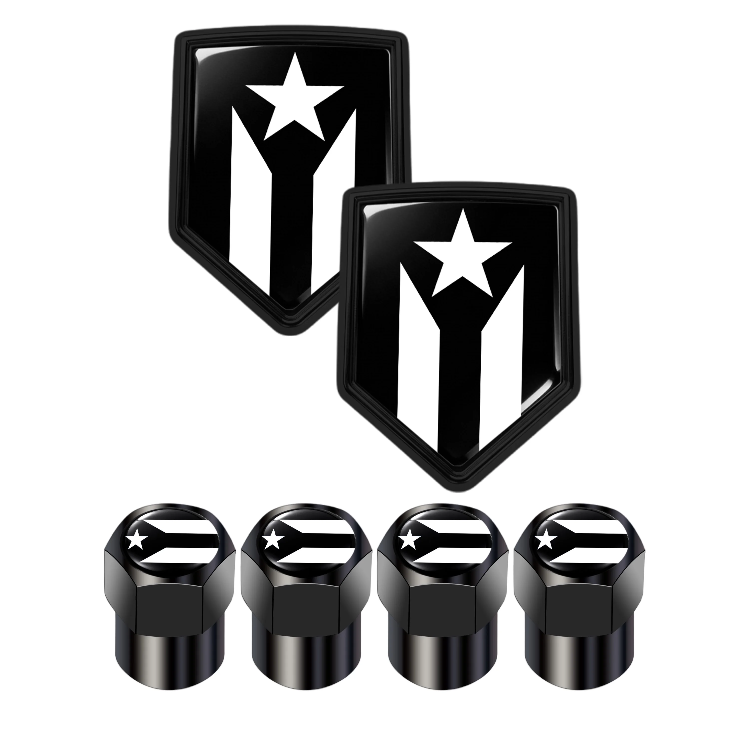 

Car Accessories - 2-Pack Puerto Rico Black & White Flag Shield Car Stickers & 4-Pack Valve Stem Caps for Car SUV Truck