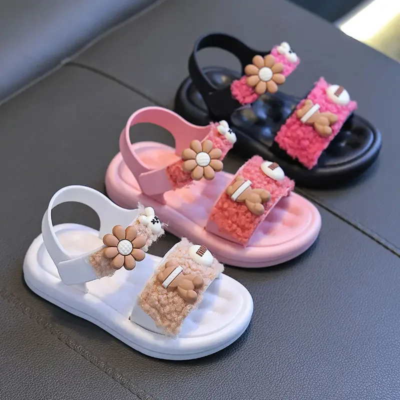 Sandalias antideslizantes de fondo suave con forma bonita para niños, Sandalias planas de Punta abierta informales para niñas, Playa