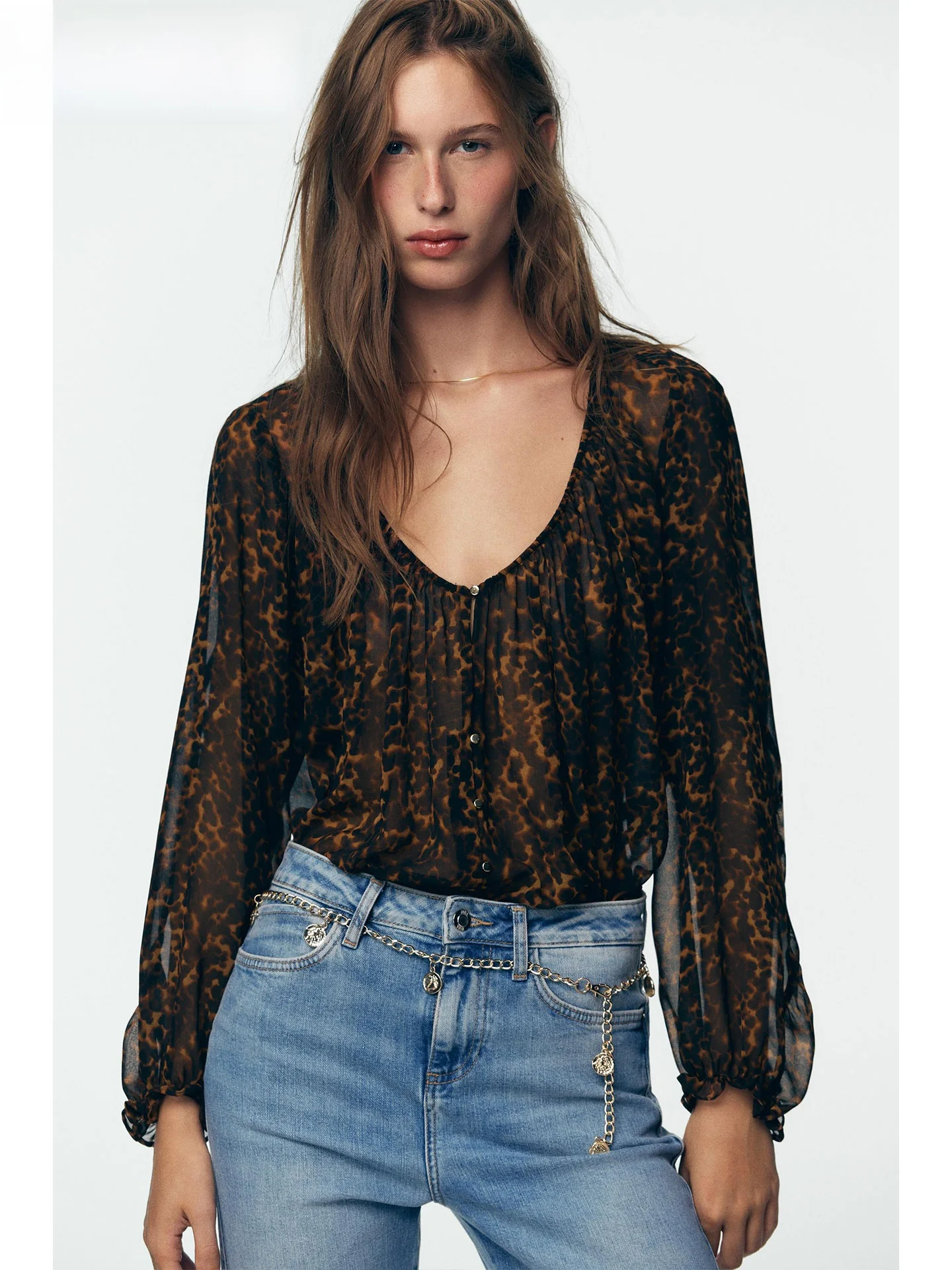 

ZAPRHA с леопардовым принтом и v-образным вырезом, длинное све irt, Новое поступление, осень 2021, женское повседневное свободное платье, тонкая ткань