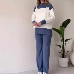 Women's New Autumn Two-piece Fashion Patchwork Color Long-sleeved Crew-neck Top Loose Solid Color Wide-leg Trouser Suit Y2k